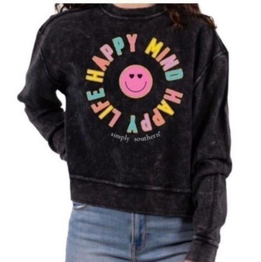 Simply Southern smilie face dark gray thermal crop sweatshirt sz medium  WT76